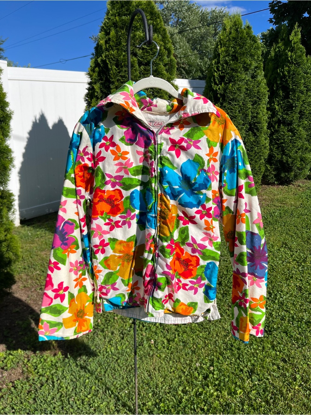 Vintage Multicolor Floral Zip-Up Hooded Jacket. Hidden hood, zip pockets.
